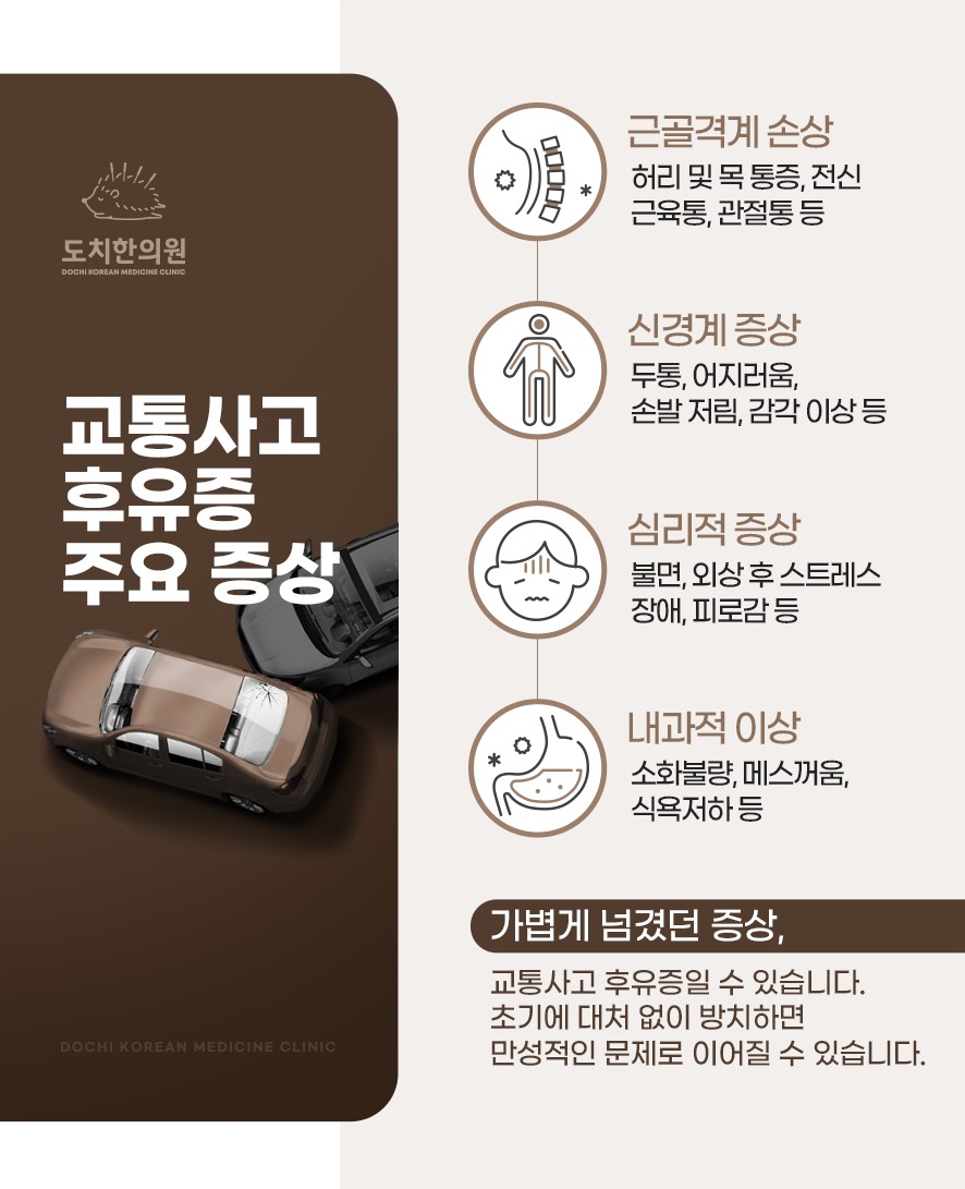 교통사고 후유증의 주요 증상(근골격계 손상, 신경계 증상, 심리적 증상, 내과적 이상)