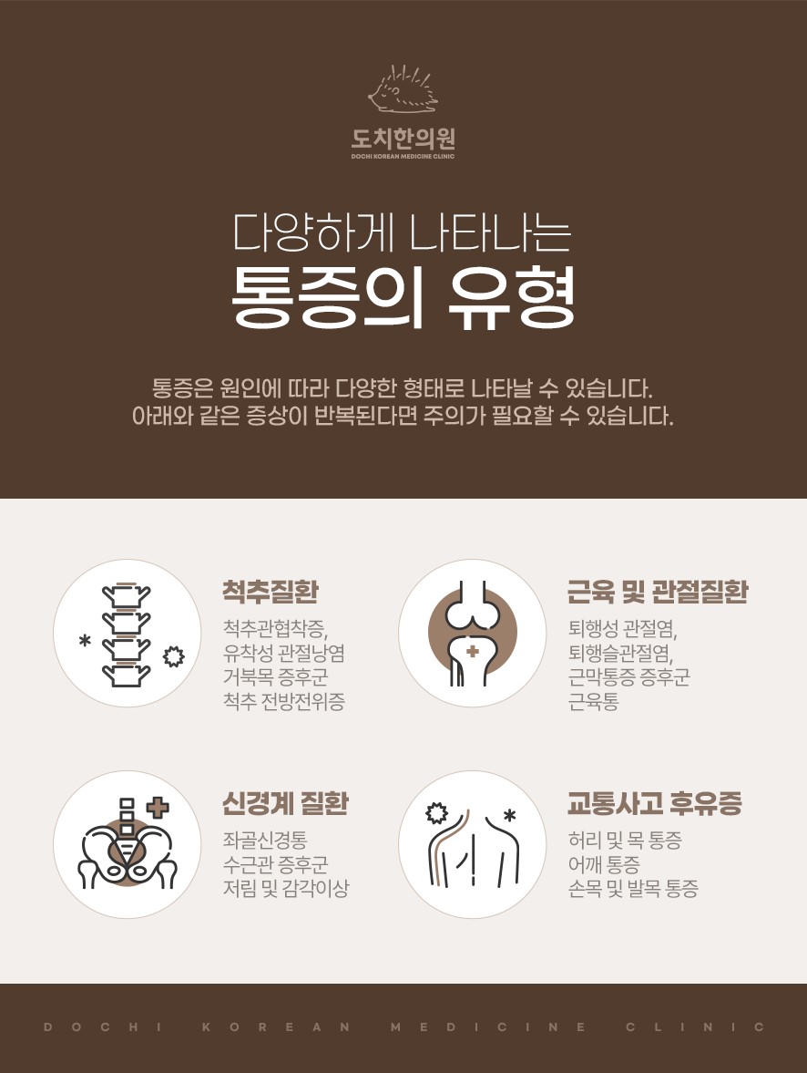 다양한 통증의 유형(척추 질환, 근육 및 관절 질환, 신경계 질환, 교통사고 후유증)