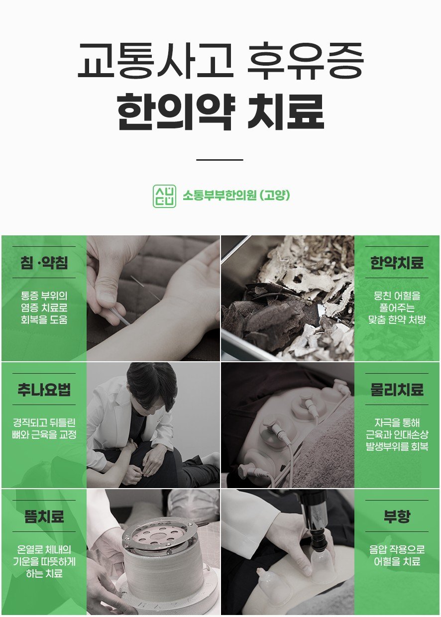 교통사고 후유증 한의약 치료 유형(침과약침·한약·추나·물리·뜸·부항)
